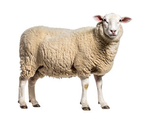 Fluffy White Sheep Standing in Profile View, Isolated on Transparent Background PNG
