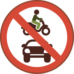 Red Sign All Motor Vehicles Prohibited. Warning Road Sign. Car and Person Riding Motorcycle. Vector Icon
