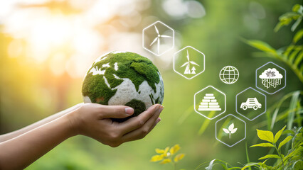 Hands holding earth globe with green moss and environmental icons floating in the background