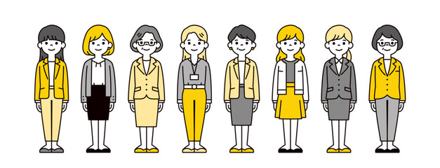 様々な年代のビジネスウーマンの、シンプルな全身イラスト素材セット＿ベクター