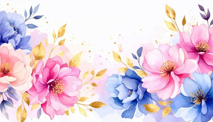 Elegant Watercolor Floral Arrangement: Pink, Blue, and Gold Blooms