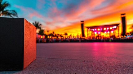 Vibrant Outdoor Music Festival Scene at Sunset with Disco Lights and Palm Trees