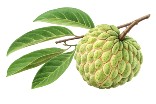 Sugar apple custard apple with green scaly skin and brown woody stem attached to leafy branch, isolated on a transparent background