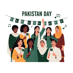 A diverse group of people celebrating Pakistan Day, singing and waving flags.