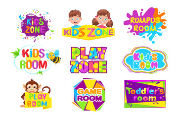 Fototapeta premium Child play area banners. Childish playing zone stickers, badge or sign for kids club, emblem for game education areas. Children labels for playroom, playground or game zone. 