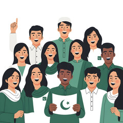 Diverse Pakistani people joyfully celebrate, holding their national flag, expressing unity and patriotism.