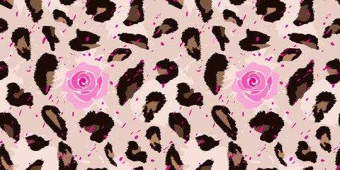 Bold Leopard Print with a rose, Seamless Pattern. Trendy leopard seamless pattern with liquid beige background and neon pink splashes. Perfect for fashion, teen style, packaging and dopamine decor