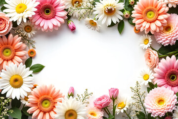 Fototapeta premium Elegant Rose and Daisy Floral Border Isolated on White for Invitations, Cosmetics Promotions, or Luxury Branding