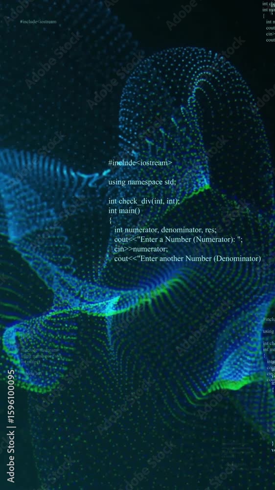 Poster animation of blue shapes over data processing on black background