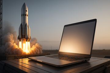 Dynamic rocket launch laptop, innovative startup marketing company, powerful promotion rapid boost, technology business concept start, enterprising success venture