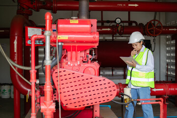 Female engineer performs detailed inspection of fire pump generator system wearing safety helmet...