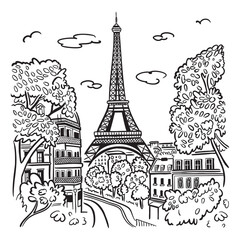 	
The Eiffel Tower in Paris with the city in the background. Landmark of Paris. Vector linear illustration. Doodle style