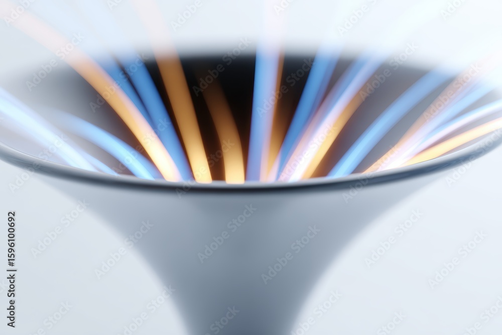 Poster an abstract representation of a data funnel, with glowing lines flowing in, isolated on a pure white