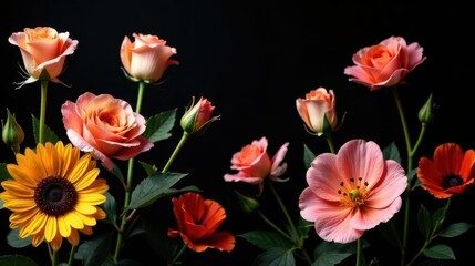 Fototapeta premium A vibrant bouquet of delicate peach roses, cheerful sunflowers, and poppy blossoms arranged against a stark black backdrop