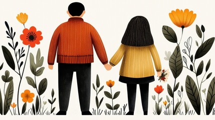Couple in a Vibrant Flower Garden Holding Hands