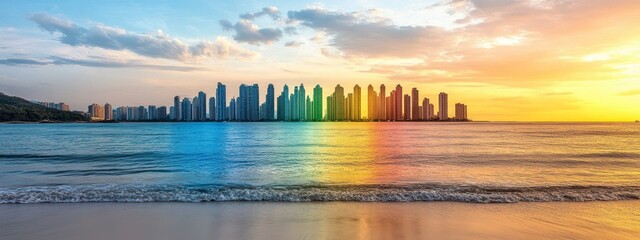 Colorful Cityscape Reflected In Ocean At Sunset