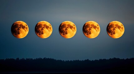 Five Golden Full Moons in a Night Sky over a Dark Landscape
