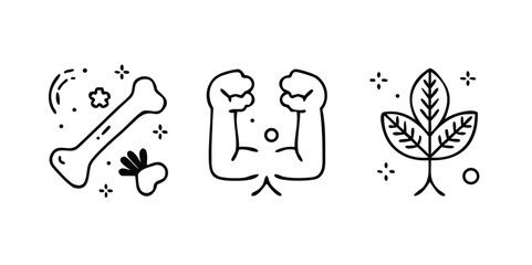 Black Labels for Medicine and Food Packaging. Vector Icons of Vitamin E, Fiber, Protein, Calcium, Caffeine, Minerals, Vitamin C, Omega 3 Fatty Acids
