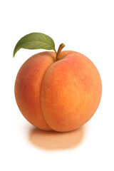 Ripe peach hanging with green leaf, casting delicate shadow against clean transparent backdrop