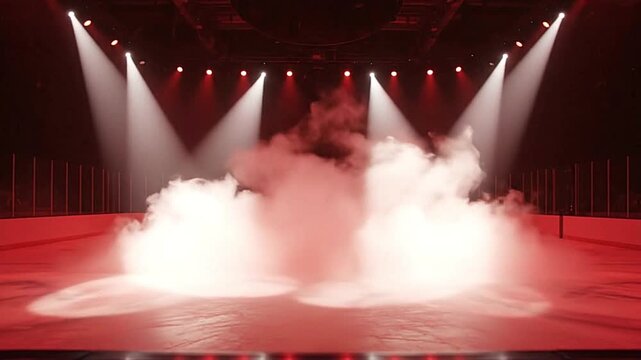 An empty ice rink dimly lit in red filled with theatrical fog and illuminated by spotlights