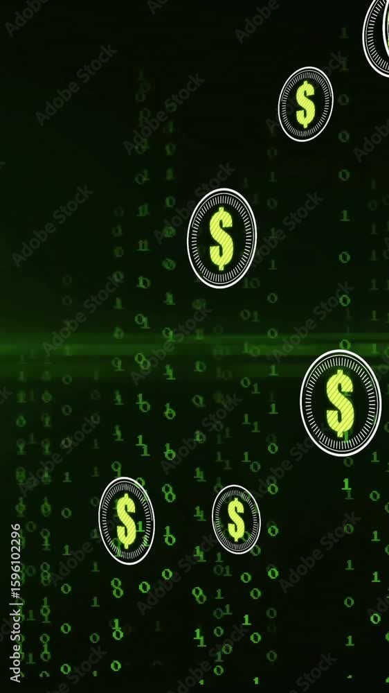 Poster Animation of dollar currency icons financial data processing over binary coding