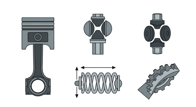 Detailed illustrations of automotive engine components: piston, constant velocity joint, coil spring, and gear.
