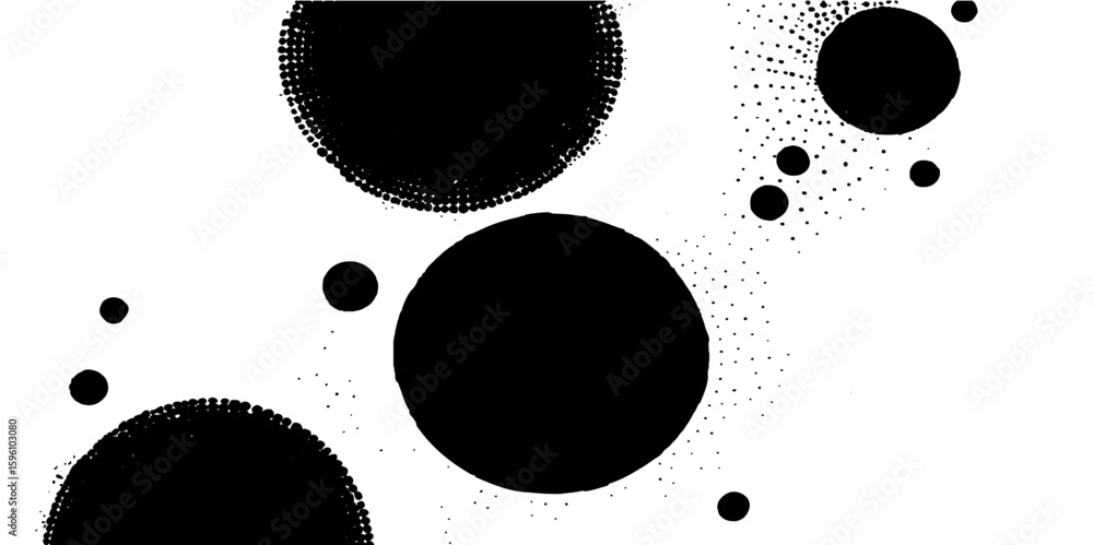Poster abstract black and white grunge design with ink splatter and floral patterns in a round frame