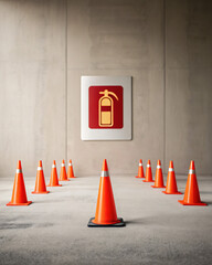 Orange Traffic Cones Arranged Around Fire Safety Sign in Modern Industrial Space