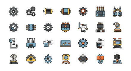 Collection of various machine and technology icons, including gears, circuits, motors, and robotic elements.