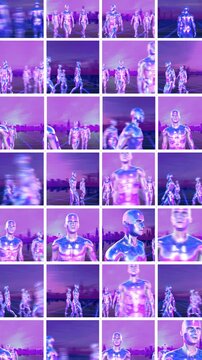 Seamless loopable vertical video of grid of retrofuturistic metal human figures 