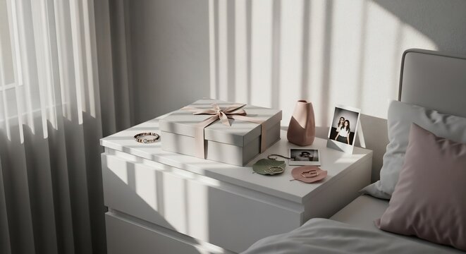 Softly Lit Bedroom Nightstand with Gift and Photos