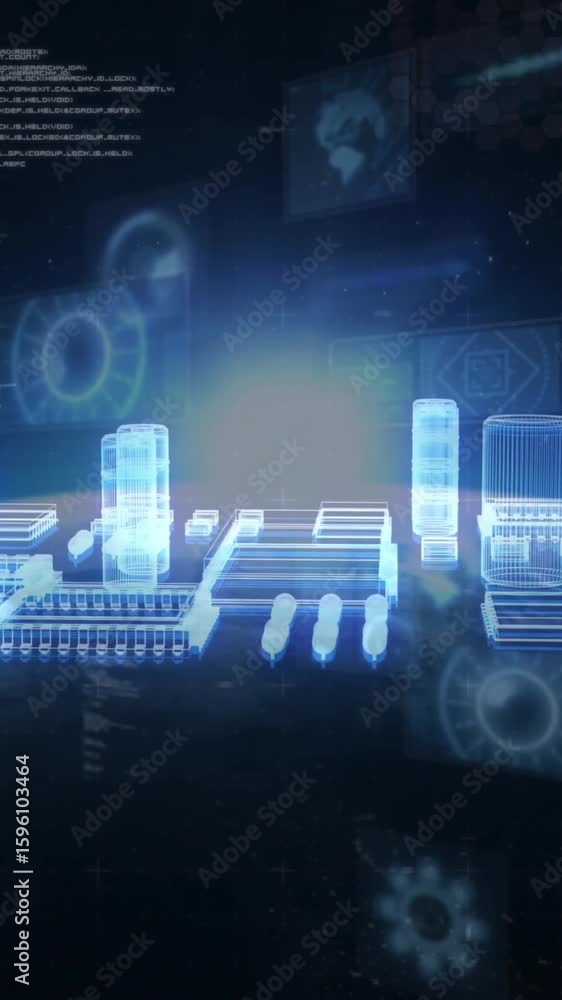 Poster animation of computer circuit board and data processing over globe on black background