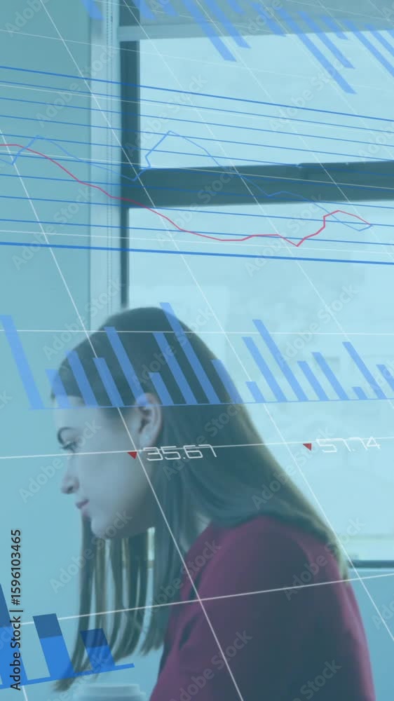 Poster animation of financial data processing over diverse colleagues working in office
