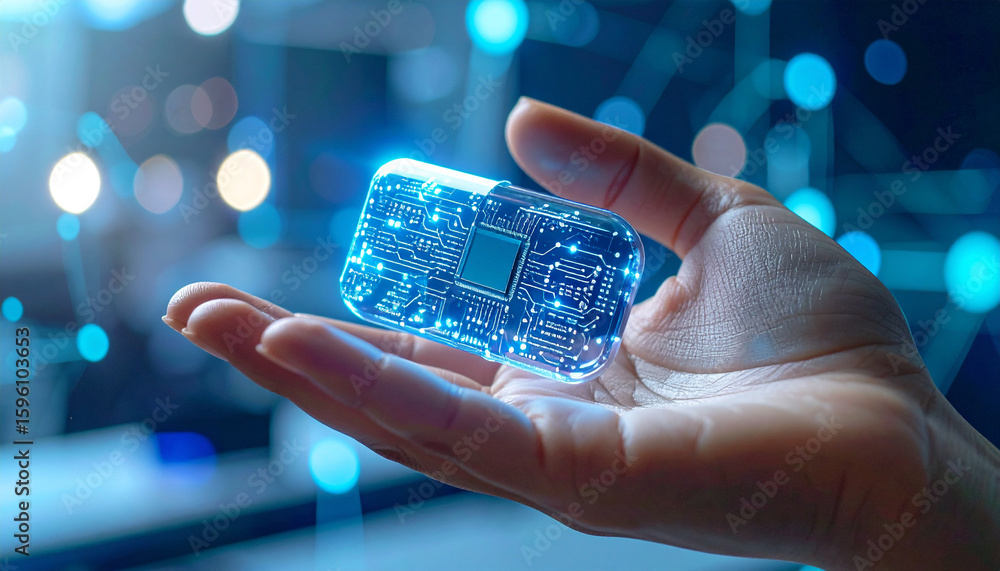 Poster microchip in hand: a person holds a glowing microchip in the palm of their hand, set against a futur