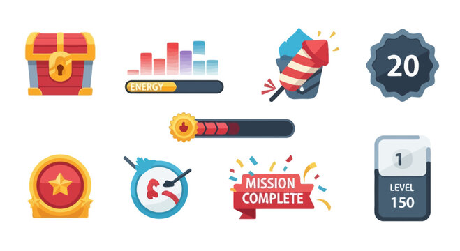Collection of flat design game interface elements, including progress bars, a treasure chest, and achievement badges.
