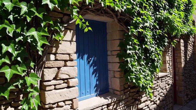 Ivy covering stone wall with blue door in french village