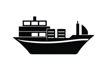 Black and White Silhouette Illustration of a Cargo Ship Vessel