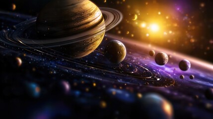 Spectacular planetary system showcasing a vibrant space landscape and celestial bodies