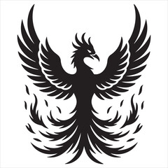 Majestic Phoenix Rising Silhouette In Black And White Vector Graphic.