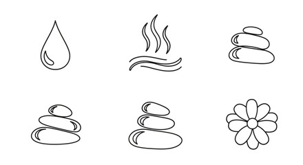 Simple line art icons representing elements associated with relaxation and wellness.
