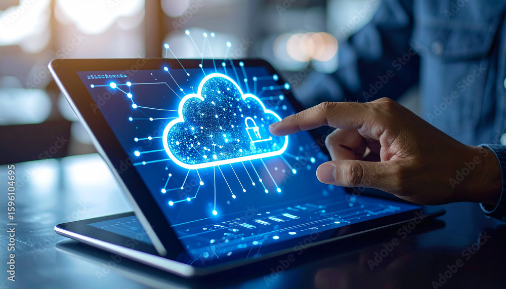 Poster cloud computing in focus: a close-up view of a person's hand interacting with a digital tablet, the 