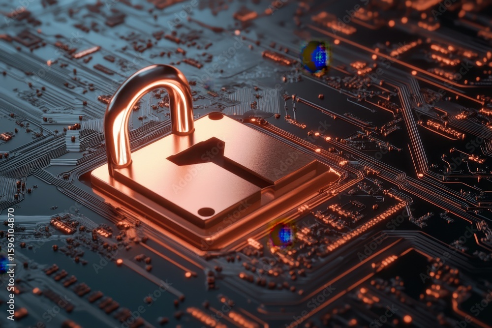 Poster digital lock on a circuit board represents cybersecurity concepts and technology