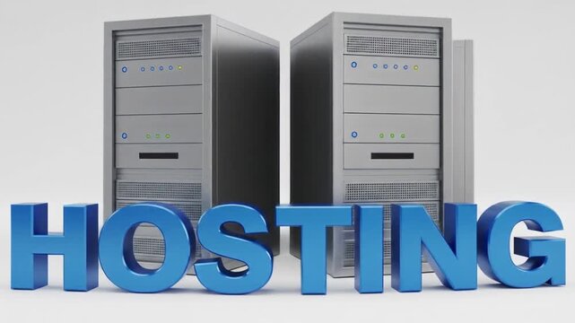 3D blue text 'HOSTING' stands in front of two grey computer server towers.