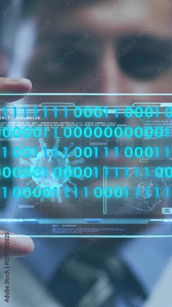 Poster holding transparent tablet, person viewing binary code and digital data animation