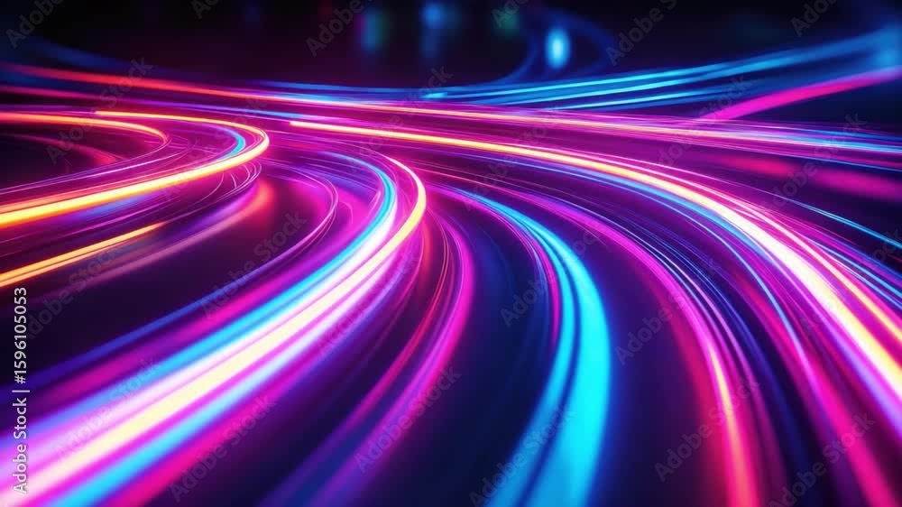 Poster vibrant flow of colorful light trails creating dynamic abstract patterns in dark background