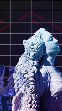 Glitched statue with colorful leaves over geometric grid animation
