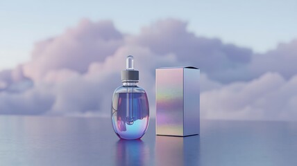 Clear glass dropper bottle with iridescent box against cloudy sky liquid serum