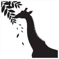 Black Silhouette Of A Giraffe Eating Leaves On A Branch Illustration.