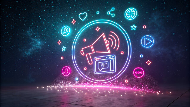 Neon marketing icons with loudspeaker and social media symbols against a dark sparkling background