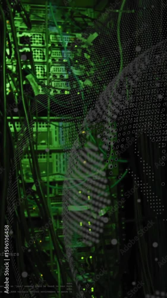 Poster binary code animation over green-lit server racks in data center
